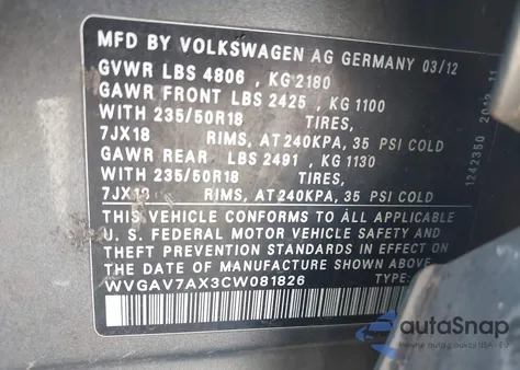 2012 Volkswagen Tiguan Se из США, поврежденный, VIN WVGAV7AX3CW081826